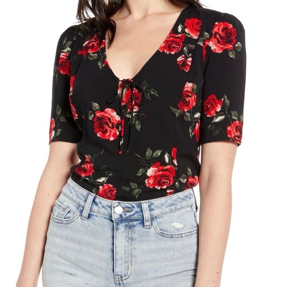 BP X Claudia Sulewski Floral Black Top with Red Roses size medium